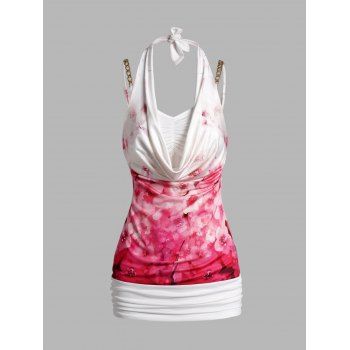 

Floral Print Halter Neck Tank Top Chain Strap Cinched Casual Faux Twinset Top, Light pink