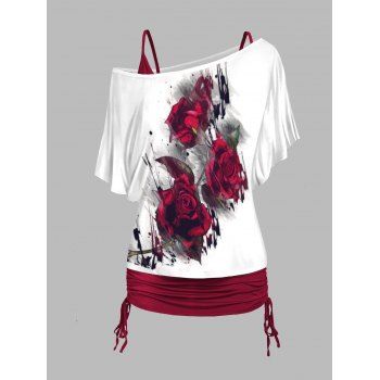 

Plus Size & Curve Flower Paint Print Skew Collar T-shirt And Cinched V Neck Spaghetti Strap Camisole Two Piece Set, Deep red