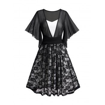 

See Thru Mesh Floral Lace Mini Faux Twinset Dress Flutter Sleeve Belted Colorblock Twofer Dress, Black