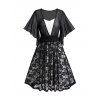 Mini Robe Ceinturée Fleurie en Dentelle en Blocs de Couleurs à Manches Bouffantes de Faux Deux Pièces - Noir XL