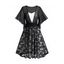 Mini Robe Ceinturée Fleurie en Dentelle en Blocs de Couleurs à Manches Bouffantes de Faux Deux Pièces - Noir XL