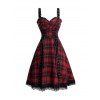 Mini Robe Gothique à Imprimé Carreaux à Lacets Ourlet en Dentelle à Volants - Rouge foncé S