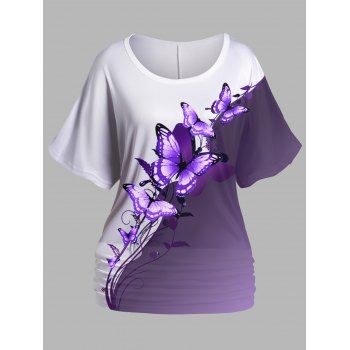 

Plus Size & Curve Two Tone T-shirt Butterfly Print Batwing Sleeve Casual Tee, Purple