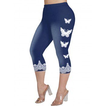 

Plus Size & Curve Butterfly Flower 3D Print Capri Leggings Elastic Waist Casual Cropped Leggings, Deep blue