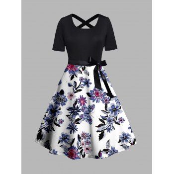 

Plus Size & Curve Dress Flower Painting Print Belted Crossover Short Sleeve Combo Dress, Multicolor a