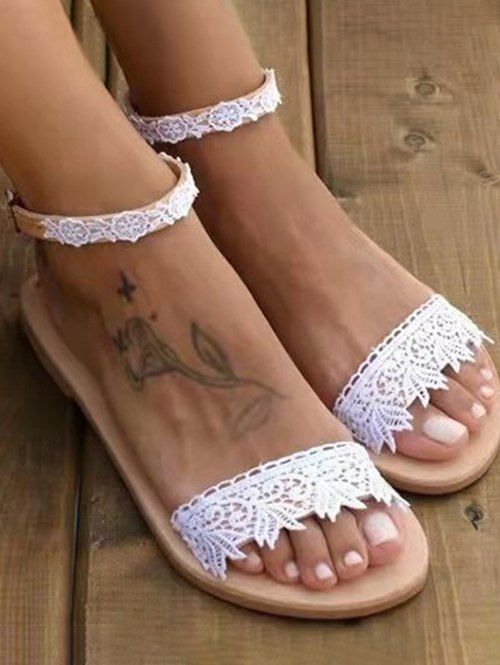 Lace Flat Heel Ankle Strap Beach Vacation Sandals - Blanc EU 35
