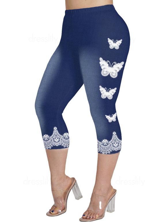 Legging Capri Décontracté à Imprimé 3D Fleur et Papillon à Taille Elastique Grande Taille - Bleu profond 5X