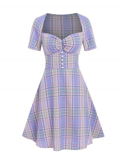 Plaid Print Vintage Dress Ruched Bust Raglan Sleeve Mini Dress Sweetheart Neck Fit And Flare Dress