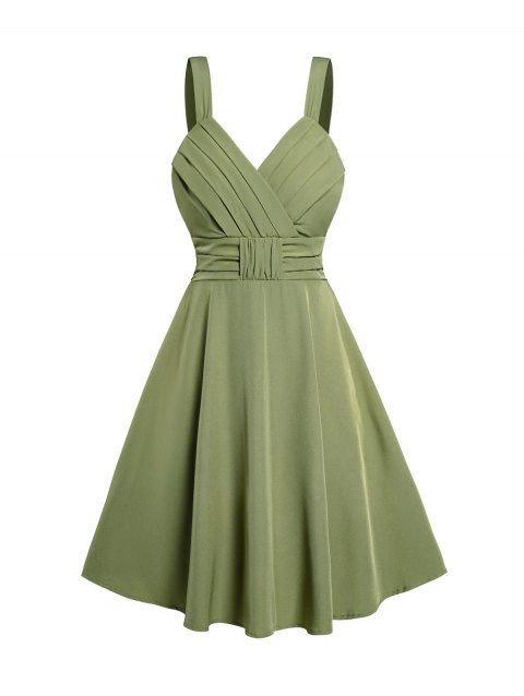 Solid Color Pleated Surplice Plunge Dress High Waist Summer Sleeveless Dress