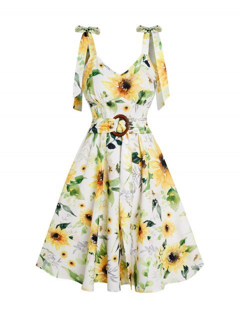 Sunflower Print Vacation Dress Bowknot Shoulder Strap O Ring Self-belt Mini Dress