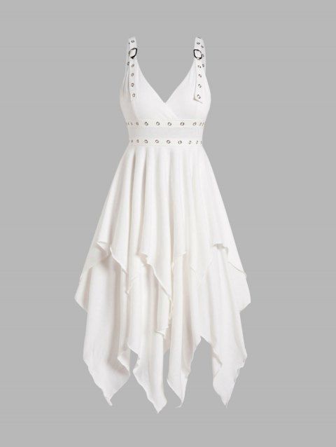 Plus Size Dress Grommet Plain Color Layered Asymmetrical Hem Adjustable Strap Midi Dress