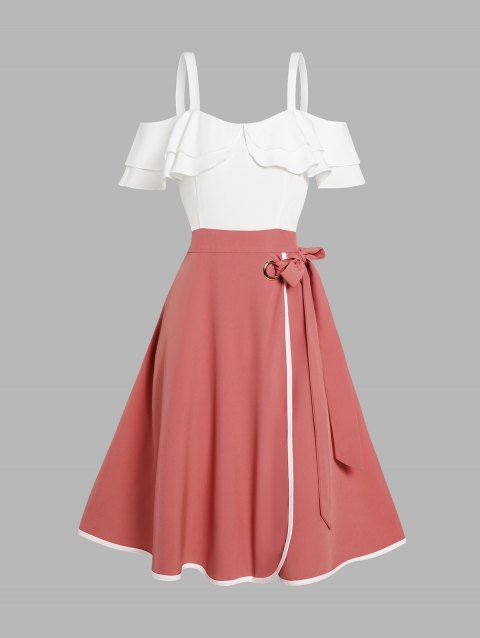 Two Tone Cold Shoulder Dress Layered Flounce Contrasting Piping Bowknot Short Sleeve Dress