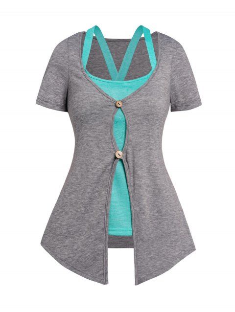 Short Sleeve Dual Buttons Pointed Hem Top And Crossover Tank Top Two Piece Set