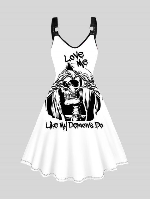 Skeleton and Slogan Print Tank Dress O Ring A Line Casual Midi Dress