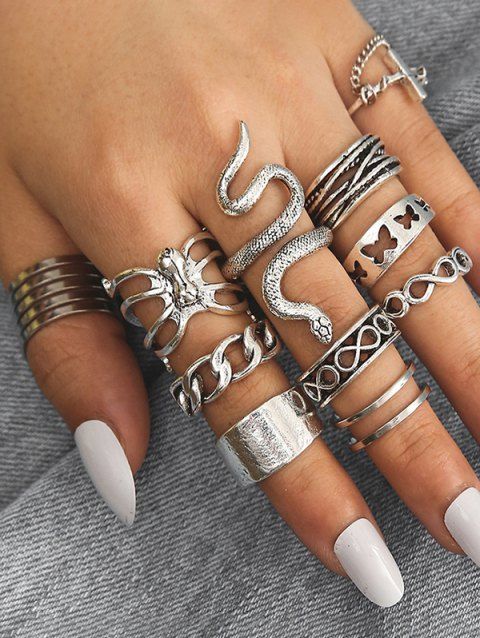 11Pcs Snake Hollow Out Butterfly Finger Rings Set