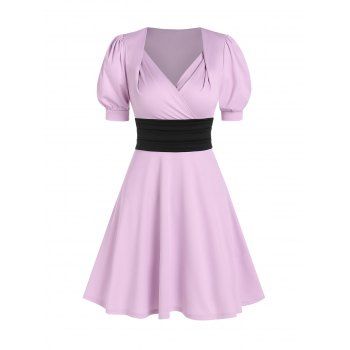 

Contrast Waist Puff Sleeve Surplice Dress, Light purple