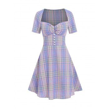 

Plaid Print Vintage Dress Ruched Bust Raglan Sleeve Mini Dress Sweetheart Neck Fit And Flare Dress, Light purple