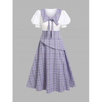 

Vintage Dress Plaid Print Midi Dress Bowknot Puff Sleeve Dress Mock Button A Line Dress, Light purple