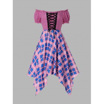 

Off Shoulder Plaid Frilled Lace Up Dress, Light purple