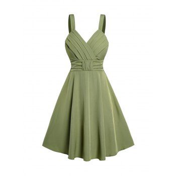 

Solid Color Pleated Surplice Plunge Dress High Waist Summer Sleeveless Dress, Light green