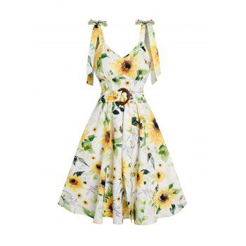 

Sunflower Print Vacation Dress Bowknot Shoulder Strap O Ring Self-belt Mini Dress, Light yellow