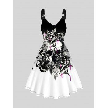 

Skull and Rose Print Tank Dress Ombre O Ring A Line Casual Dress, Black