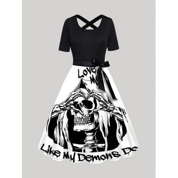 

Skull and Slogan Print Colorblock Dress Bowknot Crossover Short Sleeve Casual A Line Dress, Black