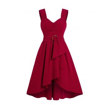 

Plain Color Dress Ruched O-ring Belted High Waisted Asymmetrical Hem Midi Dress, Deep red