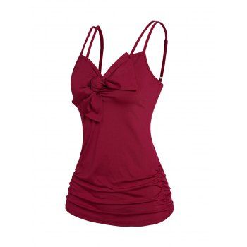 

Solid Color Ruched Tank Top Bowknot Adjustable Straps Casual Tank Top, Deep red