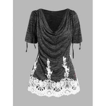 

Space Dye T Shirt Draped Lace Panel Cinched Shoulder Tee, Black