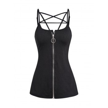 

O Ring Zip Fly Camisole Crisscross Adjustable Spaghetti Strap Tank Top, Black