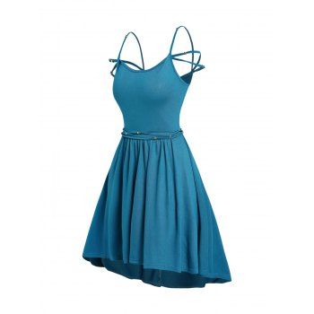 

High Low Mini Dress Solid Color Beaded Multi-strap Casual Belted Dress, Blue