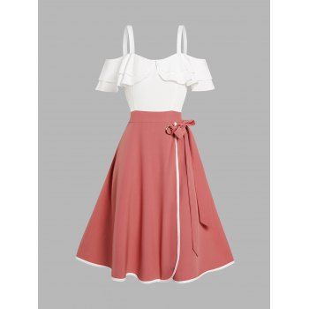 

Two Tone Cold Shoulder Dress Layered Flounce Contrasting Piping Bowknot Short Sleeve Dress, Light pink
