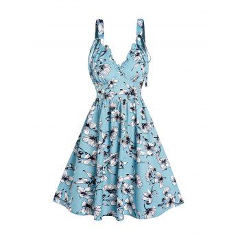 

Flower Print Mini Sundress Empire Waist Ruffles Tie Knot Plunge Vacation Dress, Light blue