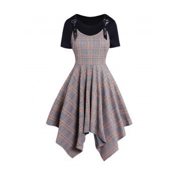 

Plaid Print Heart-ring Adjustable Strap Asymmetric Dress And Basic Short Sleeve T-shirt Two Piece Set, Gray