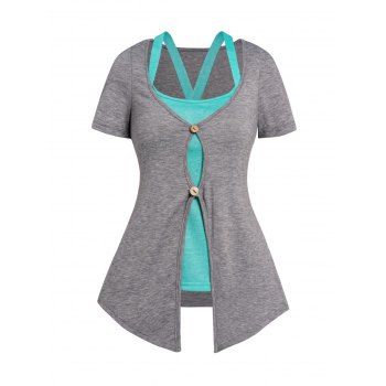 

Short Sleeve Dual Buttons Pointed Hem Top And Crossover Tank Top Two Piece Set, Dark gray