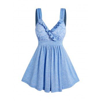 

Ruffles Surplice Plunge Tank Top Sheer Lace Overlay High Waist Casual Tank Top, Light blue