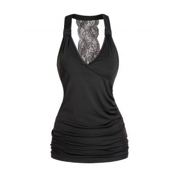 

Crossover Ruched Halter Tank Top Sheer Flower Lace Panel Backless V Neck Tank Top, Black