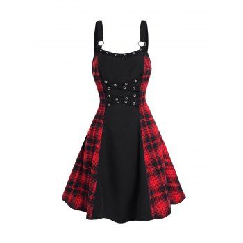 

Colorblock Dress Plaid Print Panel Crossover Grommet Sleeveless High Waisted A Line Mini Dress, Black