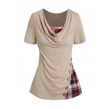 

Heather Plaid Print Panel T Shirt Cowl Neck Draped Mock Button Short Sleeve Tee, Light coffee