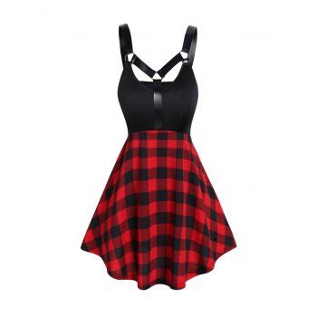 

Vintage Tank Top Plaid Print Cut Out High Waist Straps Summer Casual Top, Red