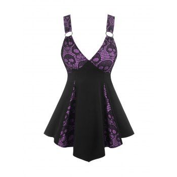 

Plus Size Tank Top Skull Lace Panel Godet Plunging Neck Gothic Tank Top, Purple