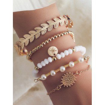 

5Pcs Artificial Pearl Leaf Cuff Metal Beads Adjustable Chain Bracelets Set, Golden