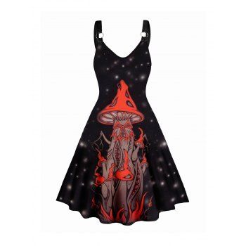 

Mushroom and Starlight Print Tank Dress O Ring A Line Casual Midi Dress, Black