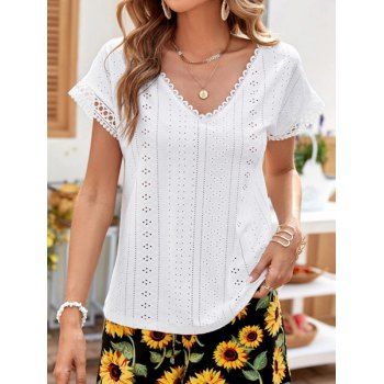 

Eyelet Embroidery T Shirt Plain Color V Neck Short Sleeve Casual Tee, White