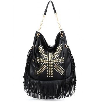

Tassel Rivets Adjustable Strap Punk Crossbody Bag, Black