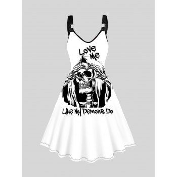 

Skeleton and Slogan Print Tank Dress O Ring A Line Casual Midi Dress, White