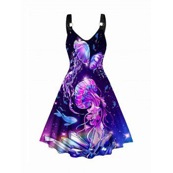 

Dreamy Jellyfish Print Tank Dress O Ring V Neck Casual Midi Dress, Concord