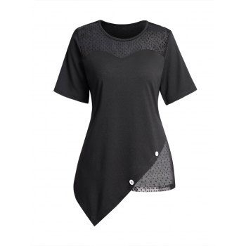 

Dobby Mesh T Shirt Asymmetrical Hem Mock Button Casual Tee, Black