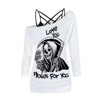 

Slogan and Grim Reaper Print T Shirt and Lattice Spaghetti Strap Camisole Colorblock Set, White